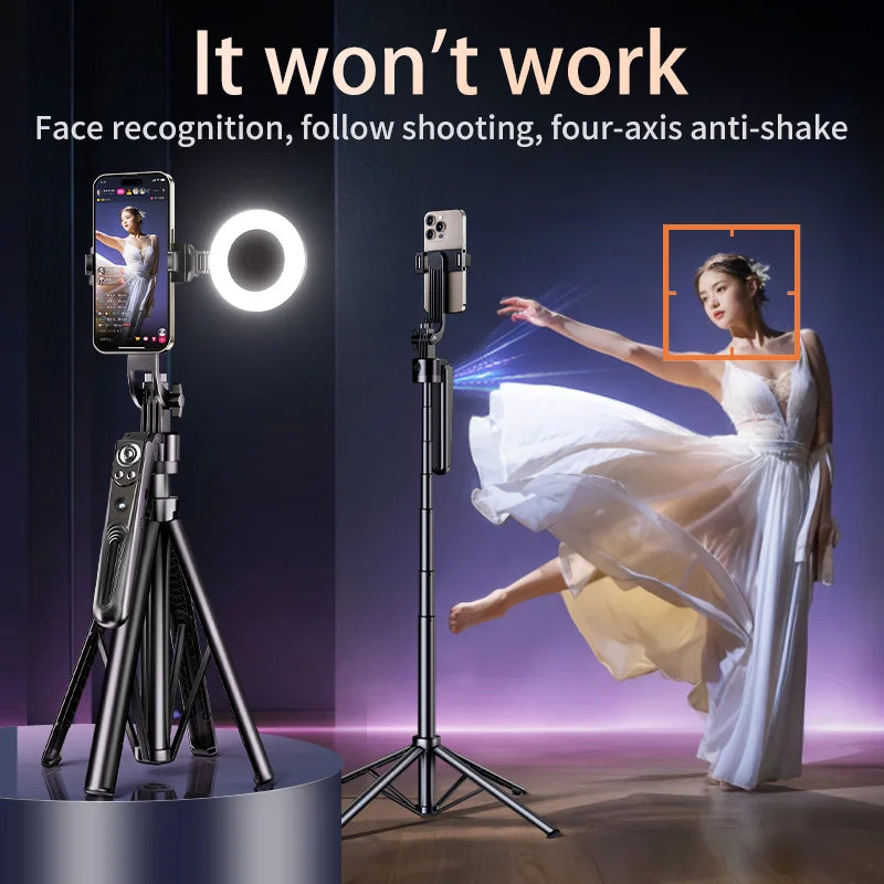 Perche à selfie professionnelle à rotation automatique à 360 degrés avec suivi du visage et 2 lumières de remplissage, mini caméra, application en usine
