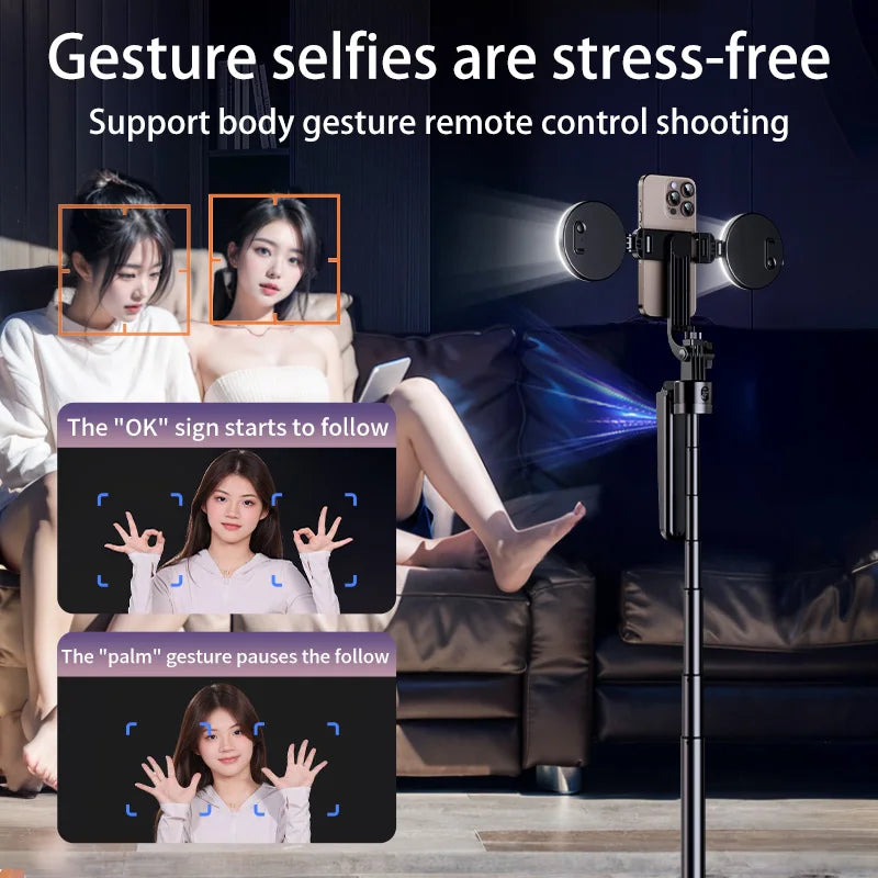 Perche à selfie professionnelle à rotation automatique à 360 degrés avec suivi du visage et 2 lumières de remplissage, mini caméra, application en usine
