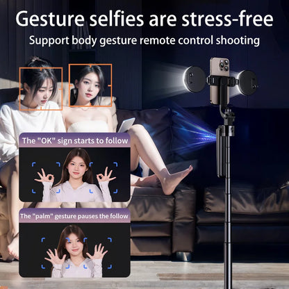 Perche à selfie professionnelle à rotation automatique à 360 degrés avec suivi du visage et 2 lumières de remplissage, mini caméra, application en usine