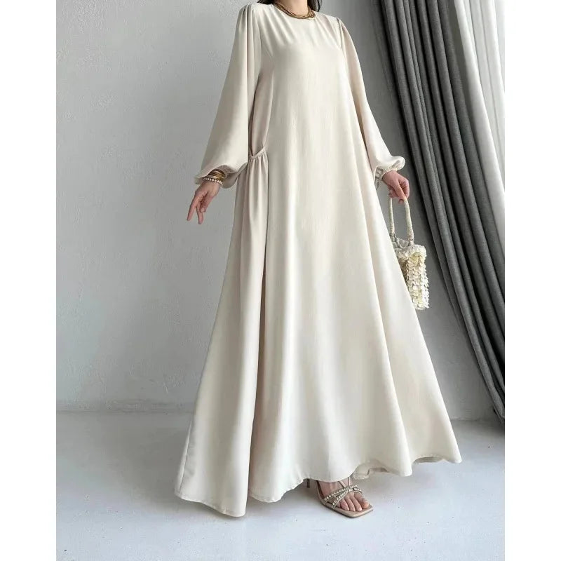 Robe Abaya longue et ample pour femmes musulmanes, couleur unie, style moyen-oriental, manches longues, col rond, longueur cheville, fibre de polyester