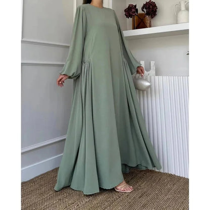 Robe Abaya longue et ample pour femmes musulmanes, couleur unie, style moyen-oriental, manches longues, col rond, longueur cheville, fibre de polyester
