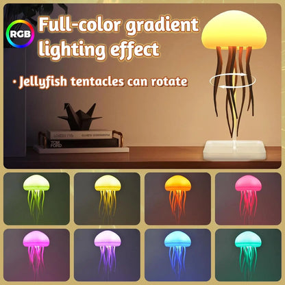 Lampe de table moderne méduse USB rechargeable, Ajustable RGB lumière de nuit, LED méduse changeant de couleur avec base Décoration de chambre