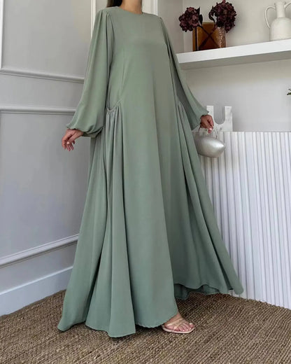 Robe Abaya longue et ample pour femmes musulmanes, couleur unie, style moyen-oriental, manches longues, col rond, longueur cheville, fibre de polyester