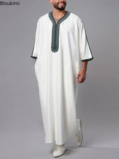Robe longue brodée à manches mi-longues pour homme, couleur unie, style musulman, style marocain, Pakistan, Arabie, 2025