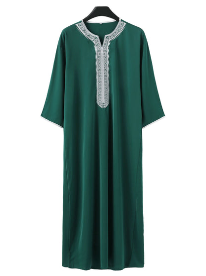 Jubba Thobe à manches courtes pour hommes musulmans, couleur unie, brodée, respirante, vêtement traditionnel islamique, caftan saoudien, abaya