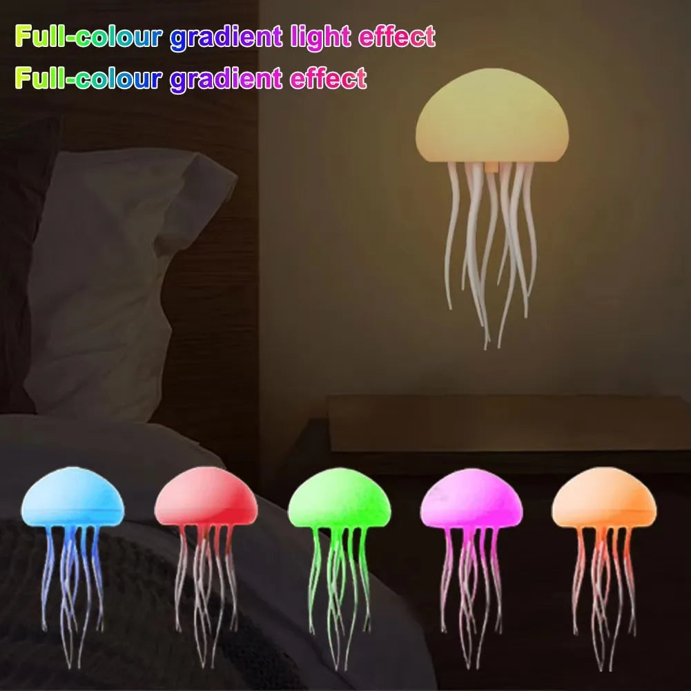 Lampe de table moderne méduse USB rechargeable, Ajustable RGB lumière de nuit, LED méduse changeant de couleur avec base Décoration de chambre