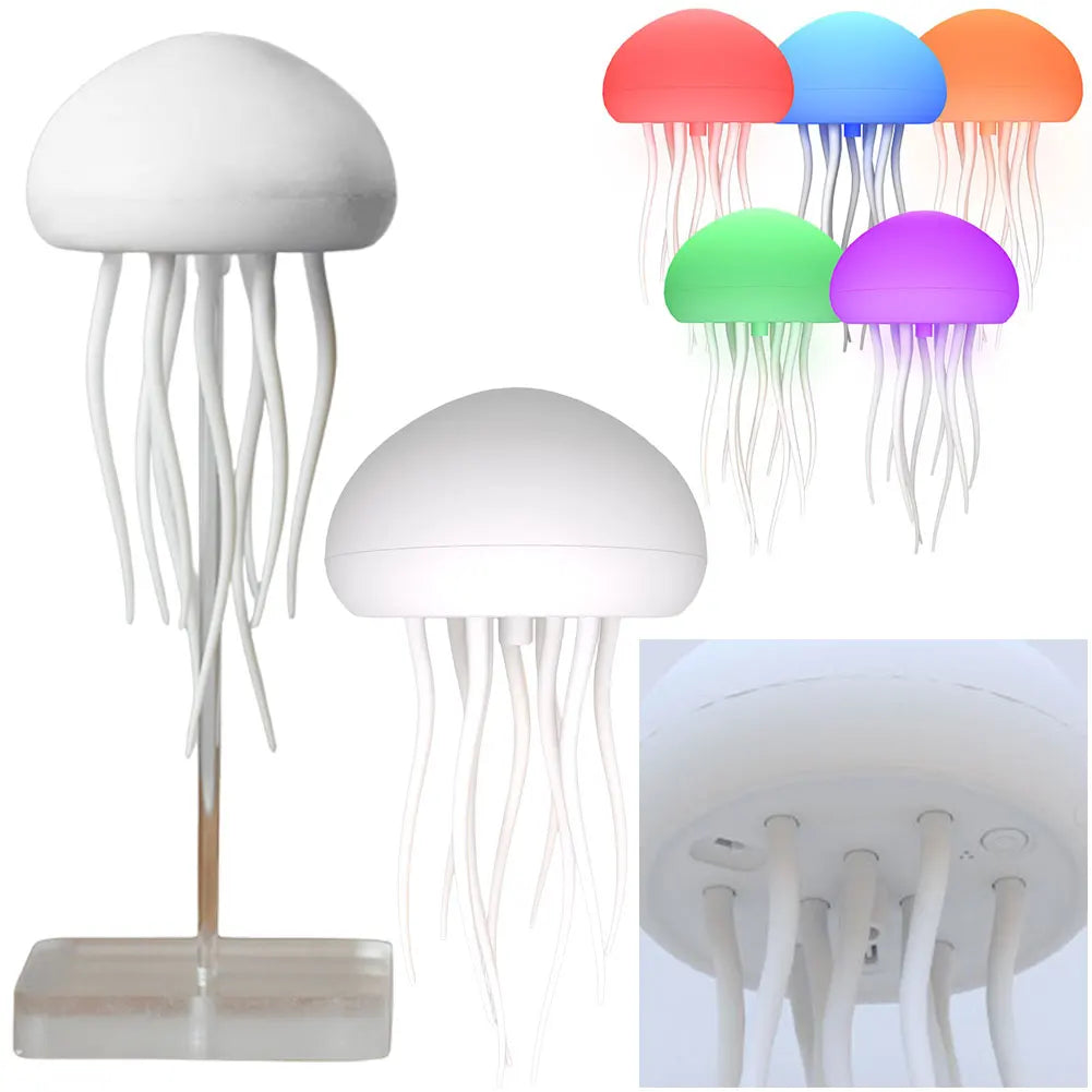Lampe de table moderne méduse USB rechargeable, Ajustable RGB lumière de nuit, LED méduse changeant de couleur avec base Décoration de chambre