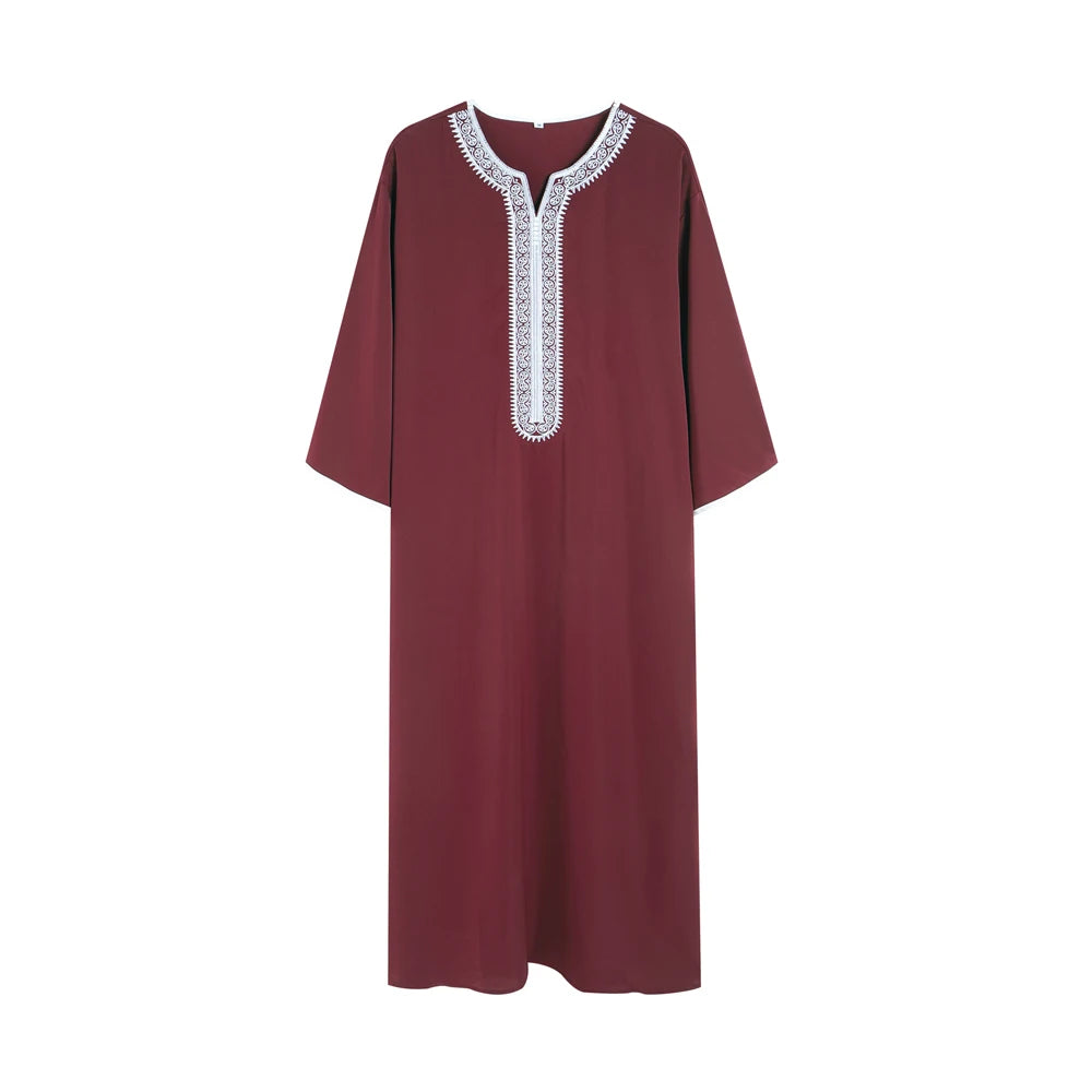Jubba Thobe à manches courtes pour hommes musulmans, couleur unie, brodée, respirante, vêtement traditionnel islamique, caftan saoudien, abaya