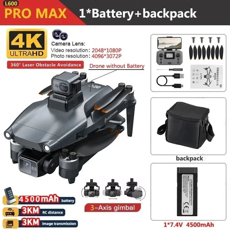 Drone GPS professionnel L600 PRO MAX 4K 3 axes PTZ HD double caméra évitement d'obstacles moteur sans balais 5G WIFI RC Quadcopter