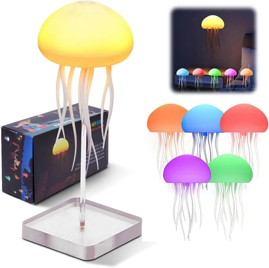 Lampe de table moderne méduse USB rechargeable, Ajustable RGB lumière de nuit, LED méduse changeant de couleur avec base Décoration de chambre