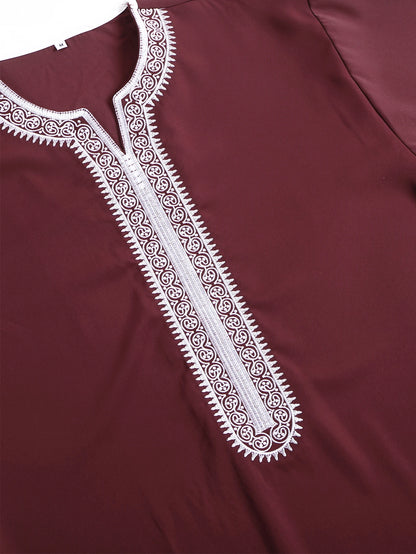 Jubba Thobe à manches courtes pour hommes musulmans, couleur unie, brodée, respirante, vêtement traditionnel islamique, caftan saoudien, abaya