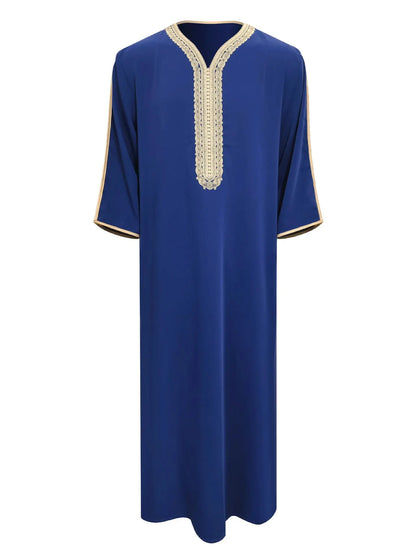 Robe longue brodée à manches mi-longues pour homme, couleur unie, style musulman, style marocain, Pakistan, Arabie, 2025