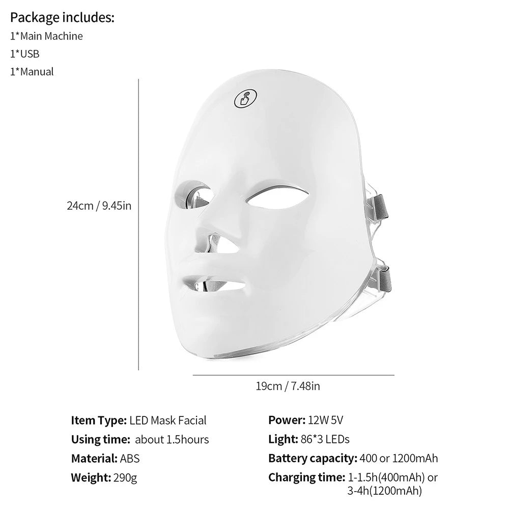Masque à LED rechargeable 7 couleurs,  Masque de beauté, LED Rajeunissement de la peau, Masque de soins anti-rides