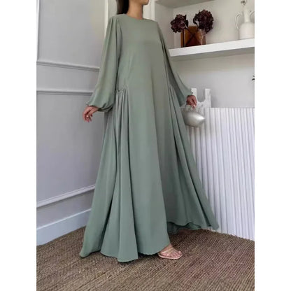 Robe Abaya longue et ample pour femmes musulmanes, couleur unie, style moyen-oriental, manches longues, col rond, longueur cheville, fibre de polyester