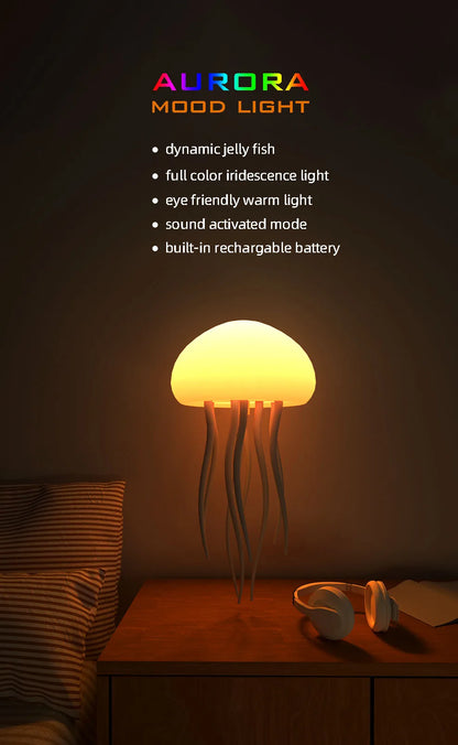 Lampe de table moderne méduse USB rechargeable, Ajustable RGB lumière de nuit, LED méduse changeant de couleur avec base Décoration de chambre