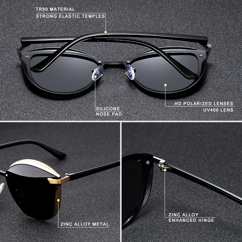 Lunettes de soleil polarisées tendance pour femmes, verres œil de chat, verres de conduite, classiques et luxueux, rondes, pour dames