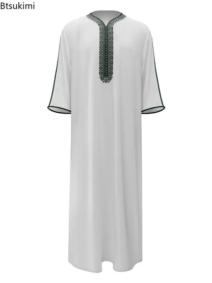 Robe longue brodée à manches mi-longues pour homme, couleur unie, style musulman, style marocain, Pakistan, Arabie, 2025