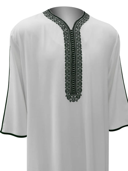 Robe longue brodée à manches mi-longues pour homme, couleur unie, style musulman, style marocain, Pakistan, Arabie, 2025