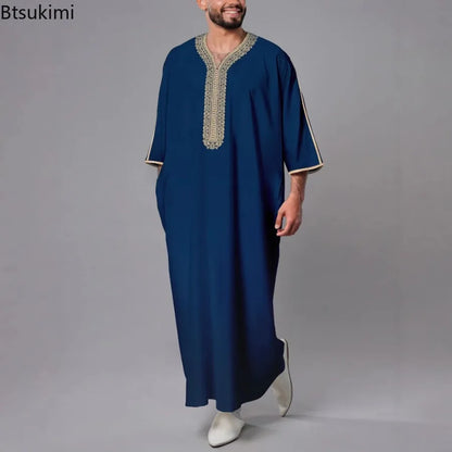 Robe longue brodée à manches mi-longues pour homme, couleur unie, style musulman, style marocain, Pakistan, Arabie, 2025