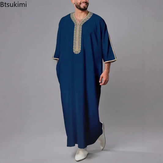 Robe longue brodée à manches mi-longues pour homme, couleur unie, style musulman, style marocain, Pakistan, Arabie, 2025