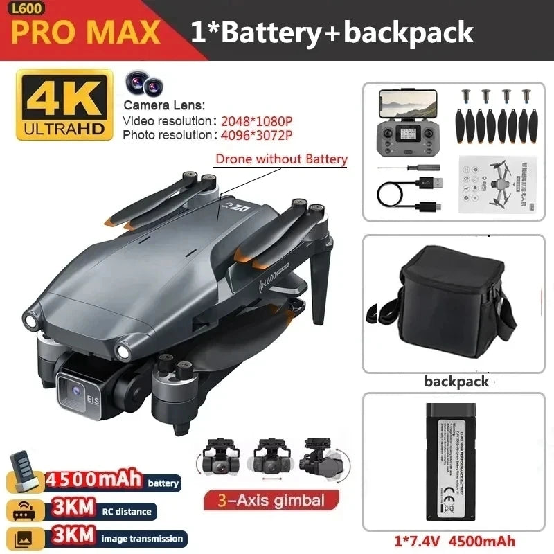 Drone GPS professionnel L600 PRO MAX 4K 3 axes PTZ HD double caméra évitement d'obstacles moteur sans balais 5G WIFI RC Quadcopter