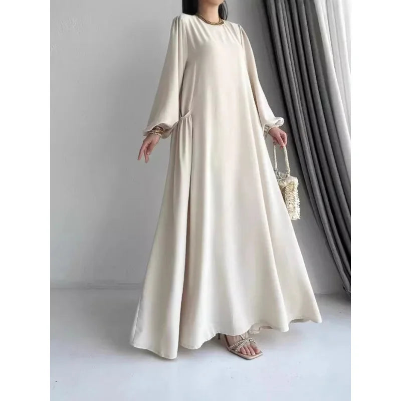 Robe Abaya longue et ample pour femmes musulmanes, couleur unie, style moyen-oriental, manches longues, col rond, longueur cheville, fibre de polyester