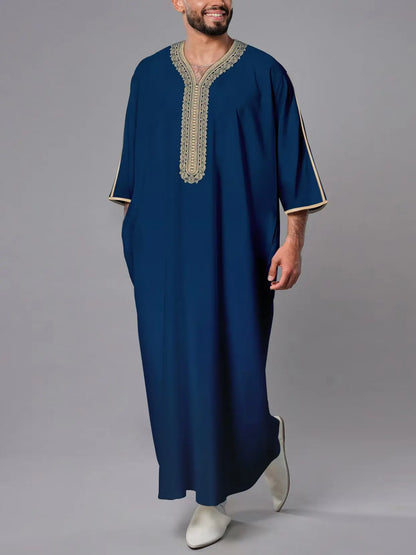 Robe longue brodée à manches mi-longues pour homme, couleur unie, style musulman, style marocain, Pakistan, Arabie, 2025