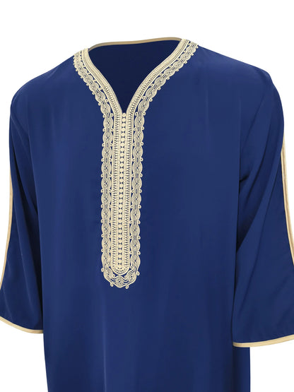 Robe longue brodée à manches mi-longues pour homme, couleur unie, style musulman, style marocain, Pakistan, Arabie, 2025