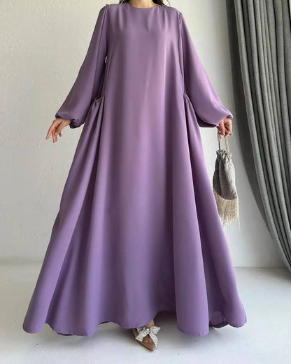 Robe Abaya longue et ample pour femmes musulmanes, couleur unie, style moyen-oriental, manches longues, col rond, longueur cheville, fibre de polyester