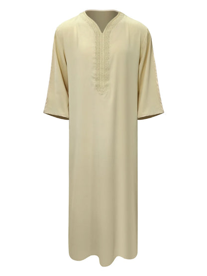 Robe longue brodée à manches mi-longues pour homme, couleur unie, style musulman, style marocain, Pakistan, Arabie, 2025