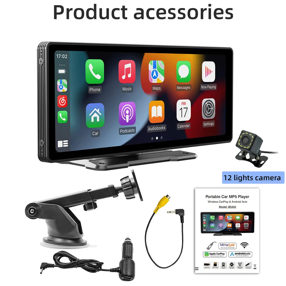 Système intelligent de voiture Android Auto CarPlay 10 pouces, écran de lecture sans fil, lecteur multimédia avec Bluetooth