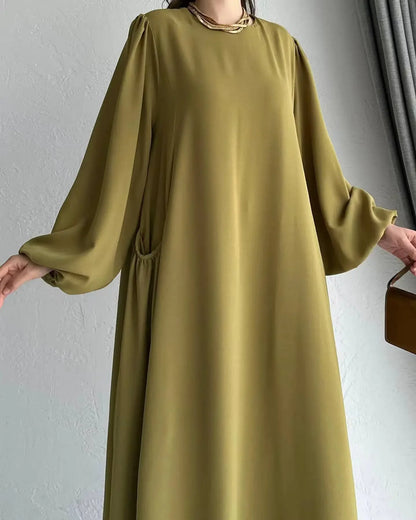 Robe Abaya longue et ample pour femmes musulmanes, couleur unie, style moyen-oriental, manches longues, col rond, longueur cheville, fibre de polyester