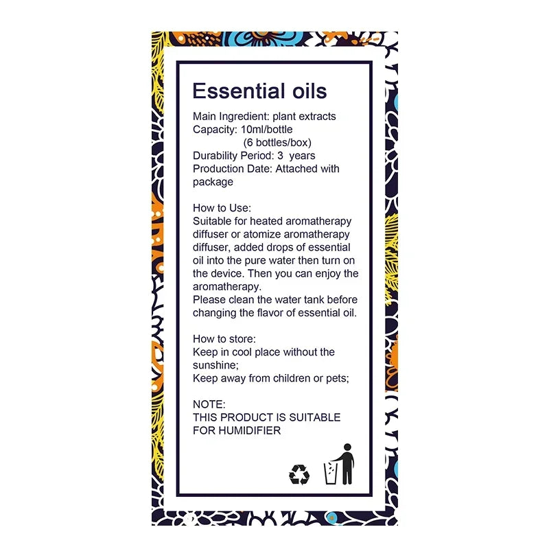 Huiles essentielles pour diffuseur, humidificateur d'huiles essentielles d'aromathérapie, 6 parfums : lavande, arbre à thé, romarin, citronnelle et orange