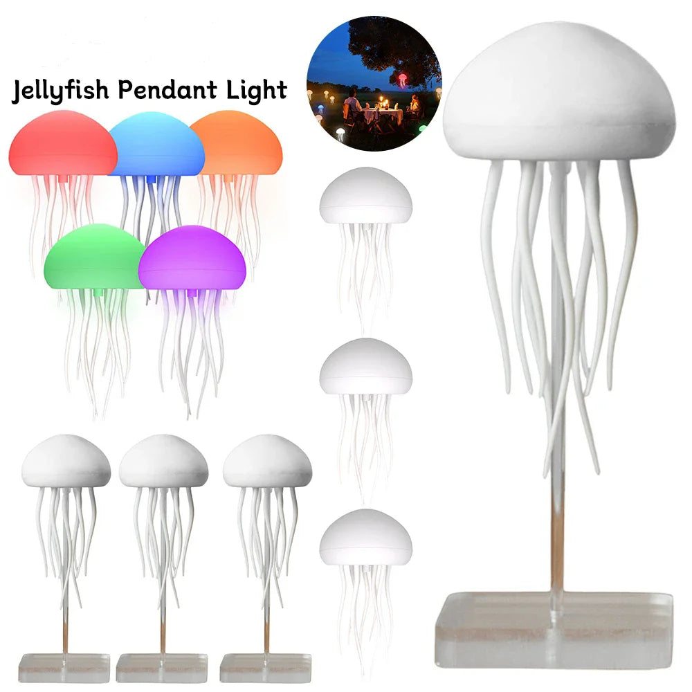 Lampe de table moderne méduse USB rechargeable, Ajustable RGB lumière de nuit, LED méduse changeant de couleur avec base Décoration de chambre
