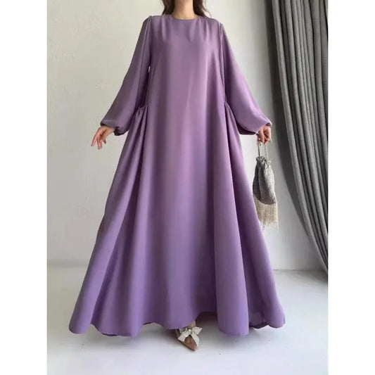 Robe Abaya longue et ample pour femmes musulmanes, couleur unie, style moyen-oriental, manches longues, col rond, longueur cheville, fibre de polyester