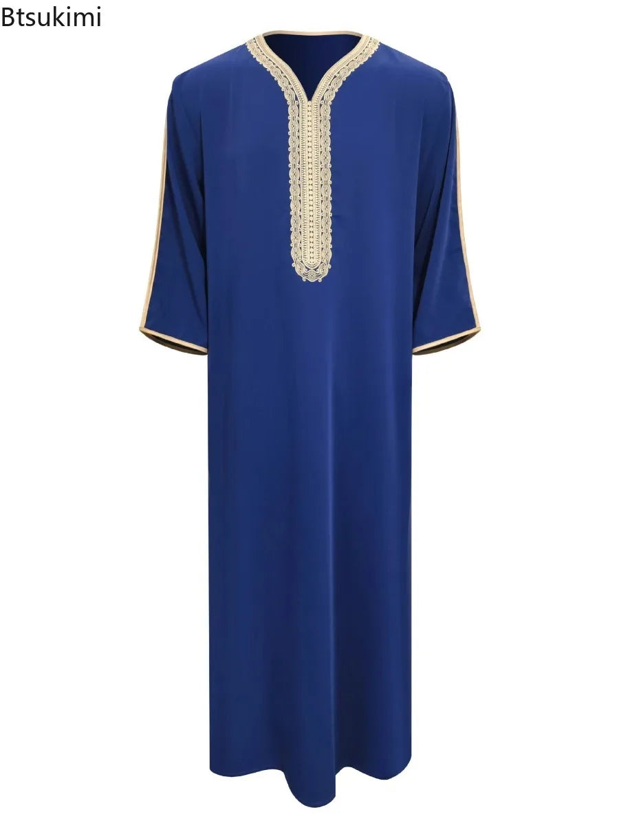 Robe longue brodée à manches mi-longues pour homme, couleur unie, style musulman, style marocain, Pakistan, Arabie, 2025