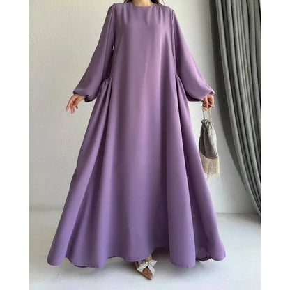 Robe Abaya longue et ample pour femmes musulmanes, couleur unie, style moyen-oriental, manches longues, col rond, longueur cheville, fibre de polyester
