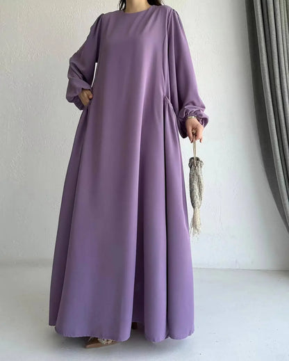 Robe Abaya longue et ample pour femmes musulmanes, couleur unie, style moyen-oriental, manches longues, col rond, longueur cheville, fibre de polyester