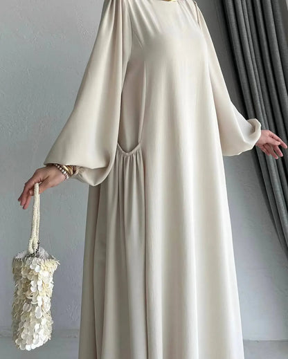 Robe Abaya longue et ample pour femmes musulmanes, couleur unie, style moyen-oriental, manches longues, col rond, longueur cheville, fibre de polyester