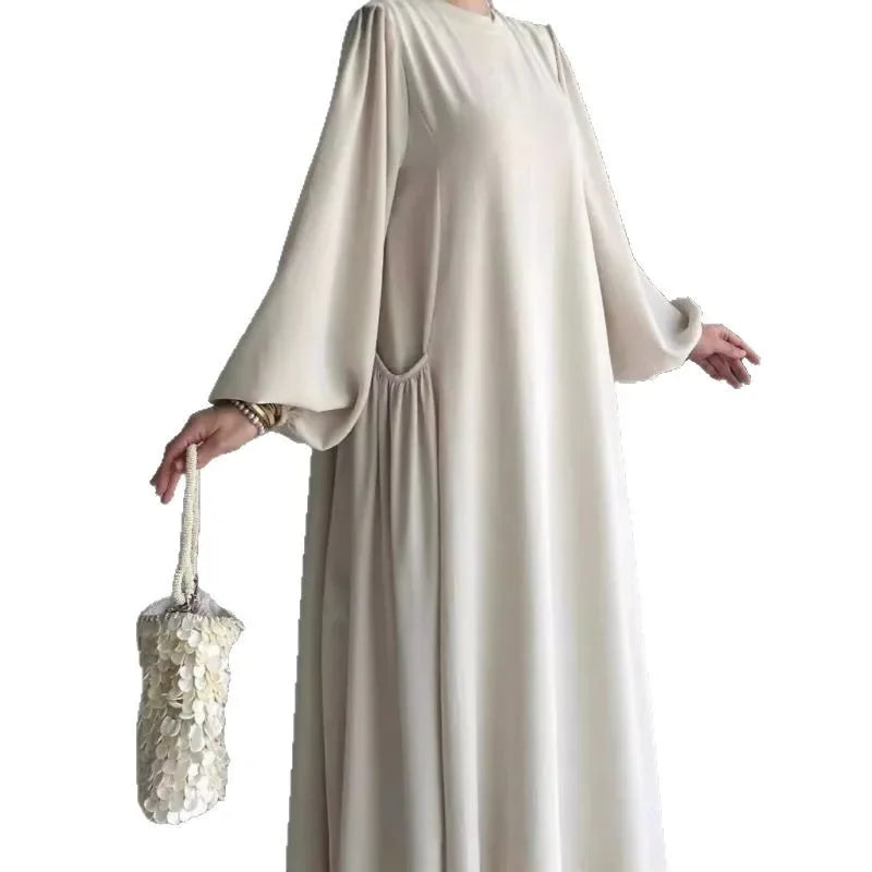 Robe Abaya longue et ample pour femmes musulmanes, couleur unie, style moyen-oriental, manches longues, col rond, longueur cheville, fibre de polyester