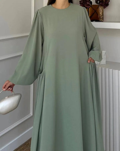 Robe Abaya longue et ample pour femmes musulmanes, couleur unie, style moyen-oriental, manches longues, col rond, longueur cheville, fibre de polyester