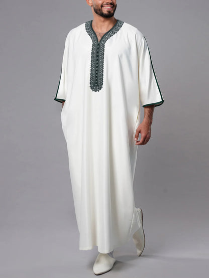 Robe longue brodée à manches mi-longues pour homme, couleur unie, style musulman, style marocain, Pakistan, Arabie, 2025