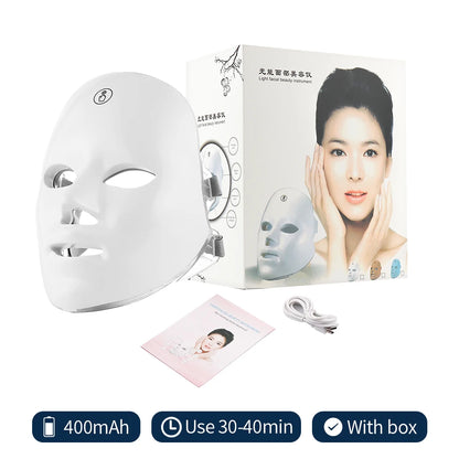 Masque à LED rechargeable 7 couleurs,  Masque de beauté, LED Rajeunissement de la peau, Masque de soins anti-rides