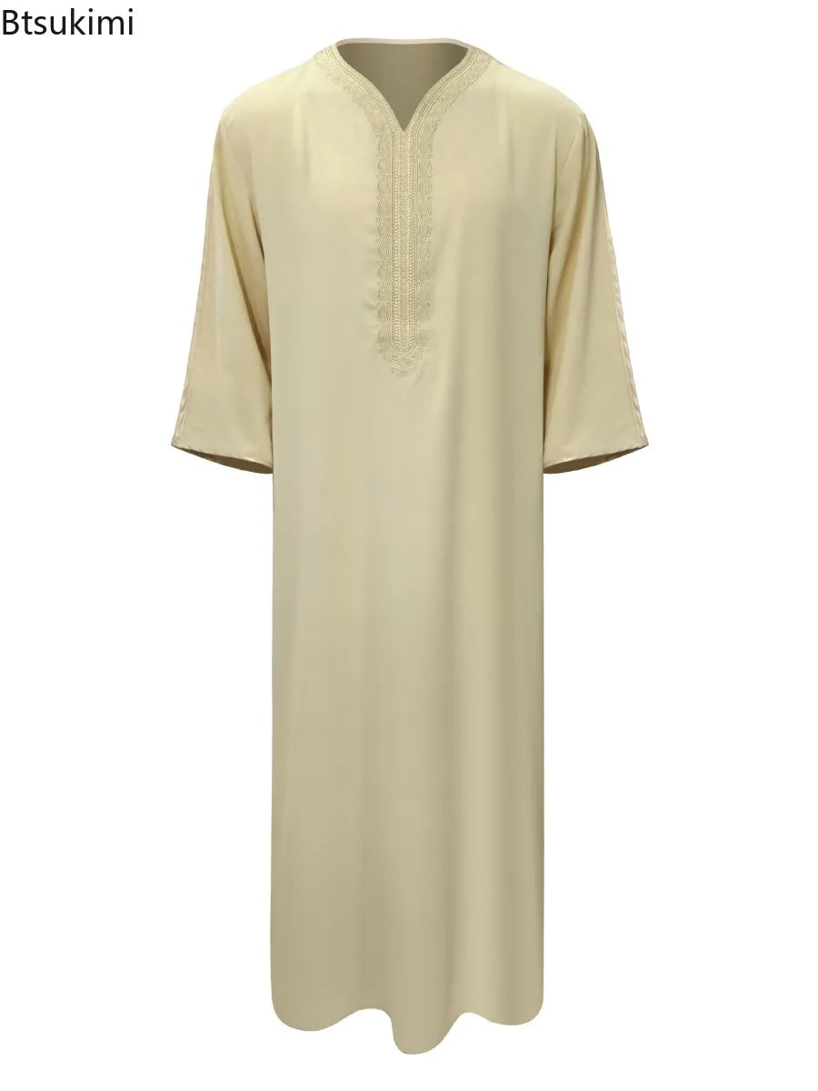 Robe longue brodée à manches mi-longues pour homme, couleur unie, style musulman, style marocain, Pakistan, Arabie, 2025