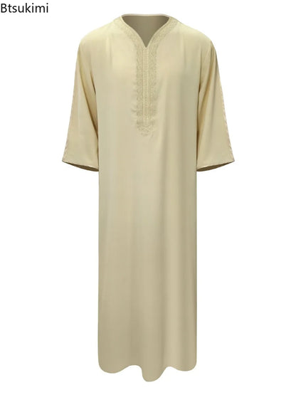 Robe longue brodée à manches mi-longues pour homme, couleur unie, style musulman, style marocain, Pakistan, Arabie, 2025