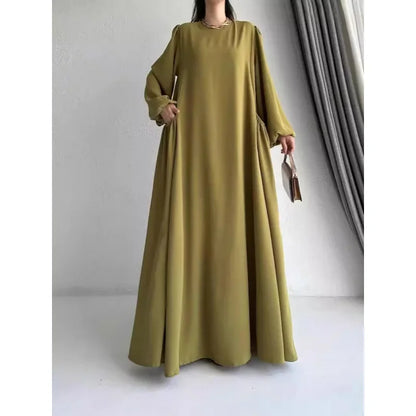 Robe Abaya longue et ample pour femmes musulmanes, couleur unie, style moyen-oriental, manches longues, col rond, longueur cheville, fibre de polyester