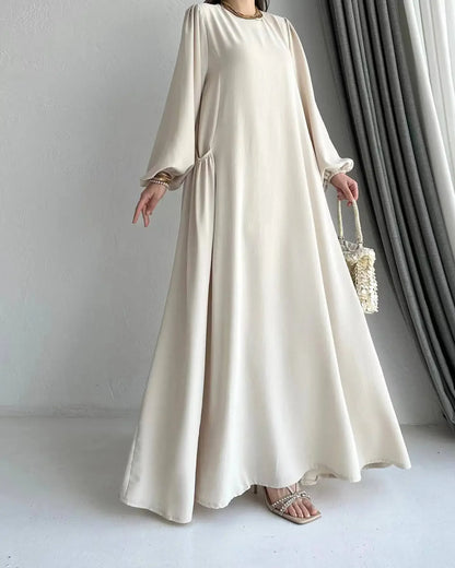 Robe Abaya longue et ample pour femmes musulmanes, couleur unie, style moyen-oriental, manches longues, col rond, longueur cheville, fibre de polyester