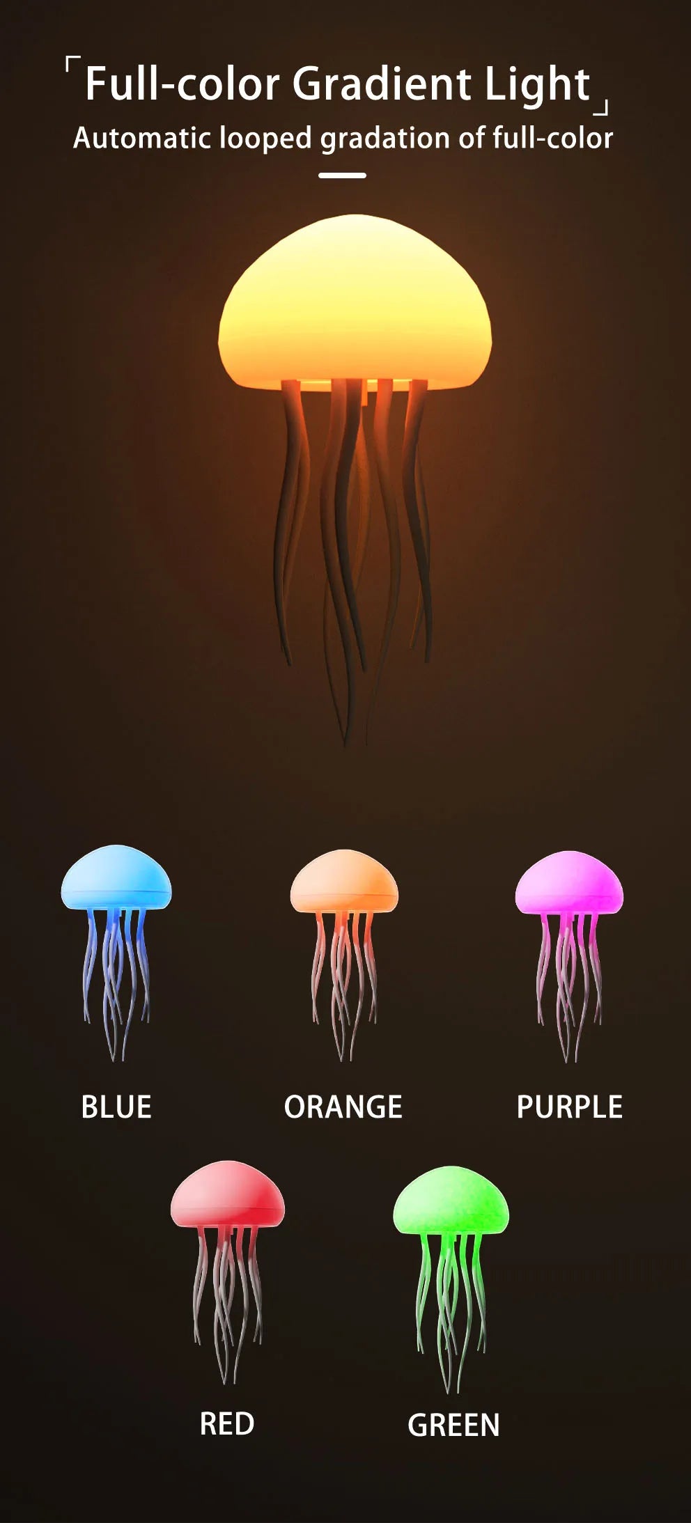 Lampe de table moderne méduse USB rechargeable, Ajustable RGB lumière de nuit, LED méduse changeant de couleur avec base Décoration de chambre