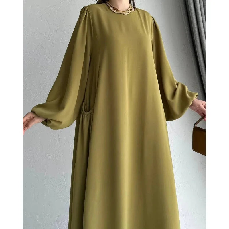 Robe Abaya longue et ample pour femmes musulmanes, couleur unie, style moyen-oriental, manches longues, col rond, longueur cheville, fibre de polyester