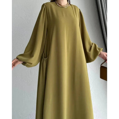 Robe Abaya longue et ample pour femmes musulmanes, couleur unie, style moyen-oriental, manches longues, col rond, longueur cheville, fibre de polyester